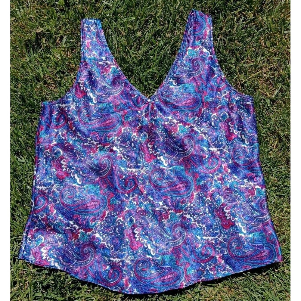 Vintage Purple Paisley Satin V-Neck Tank Top Maximalist Boho Festival Y2K - Picture 4 of 6